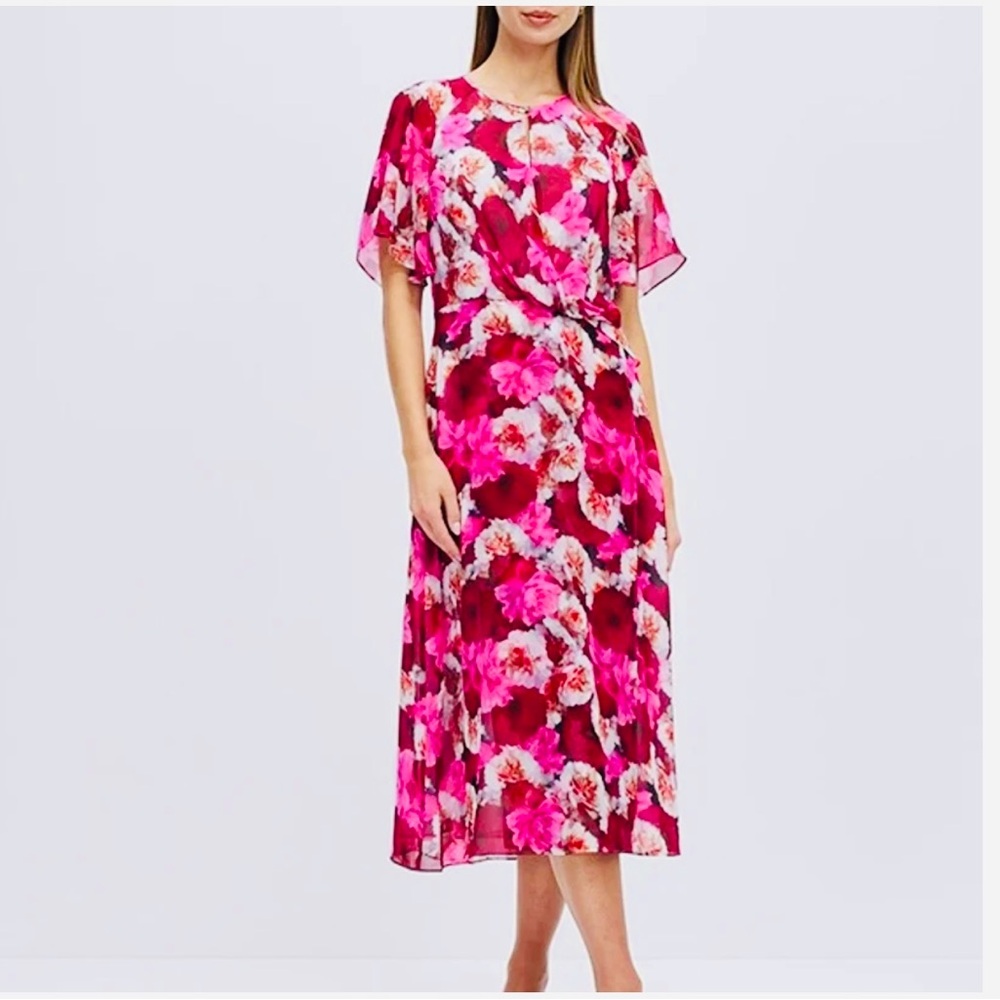 David Lawrence Vibrant Pink Floral Silk Dress. Size 14.
